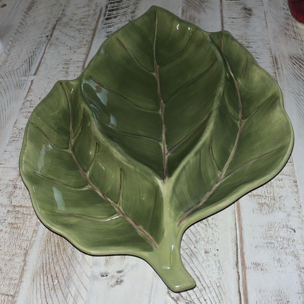 HOME TRENDS HIBISCUS 3 Section Green Leaf Platter and Flower Bowl Large